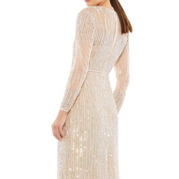 MAC DUGGAL 93629 SEQUINED HIGH NECK LONG SLEEVE TRUMPET ROSE GOLD GOWN sz 16 - Picture 6 of 9